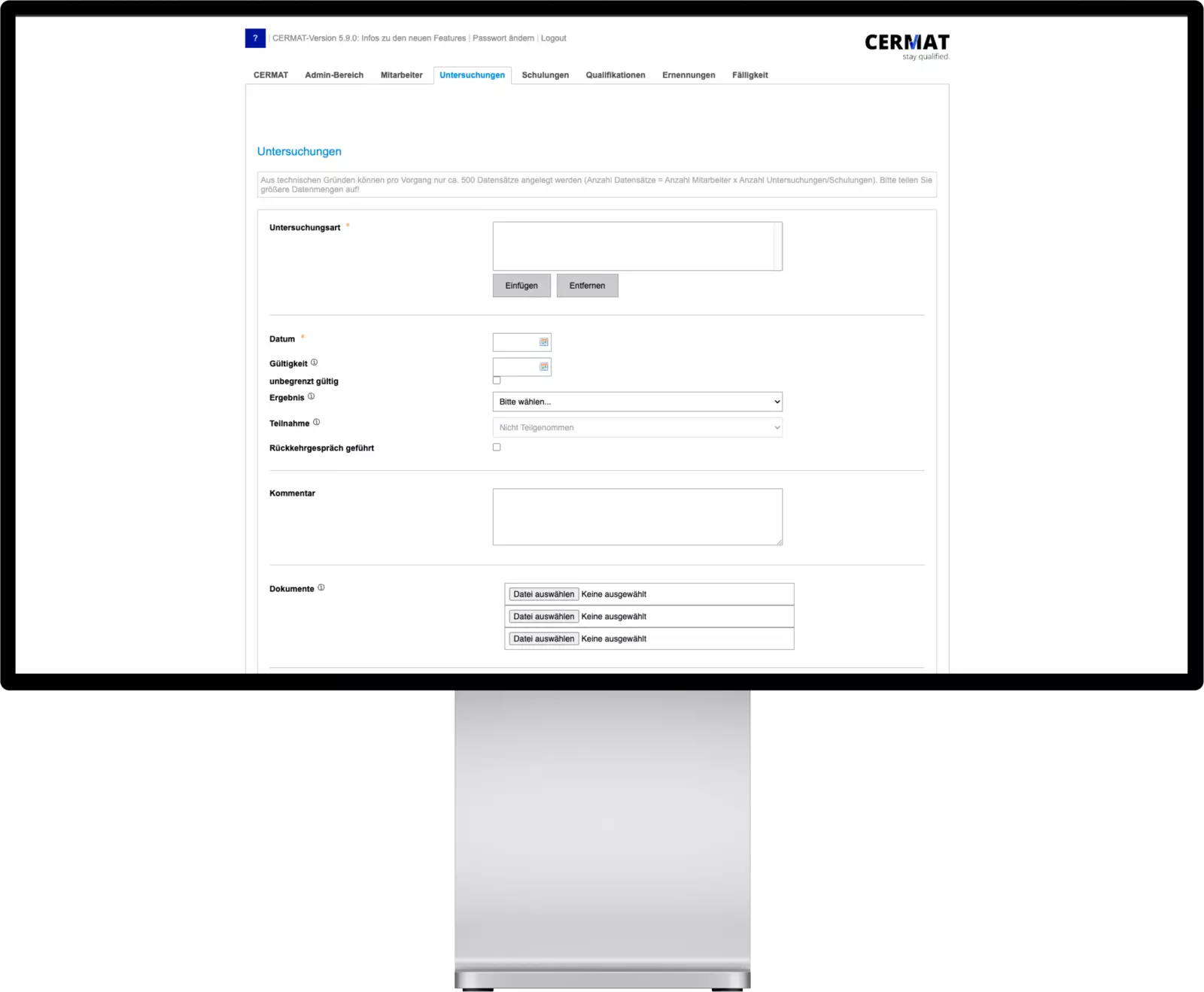 CERMAT Untersuchungen verwalten - Bildschirm Mockup