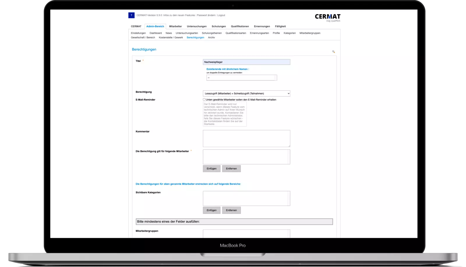 Laptop zeigt CERMAT Berechtigungen in Admin-Bereich