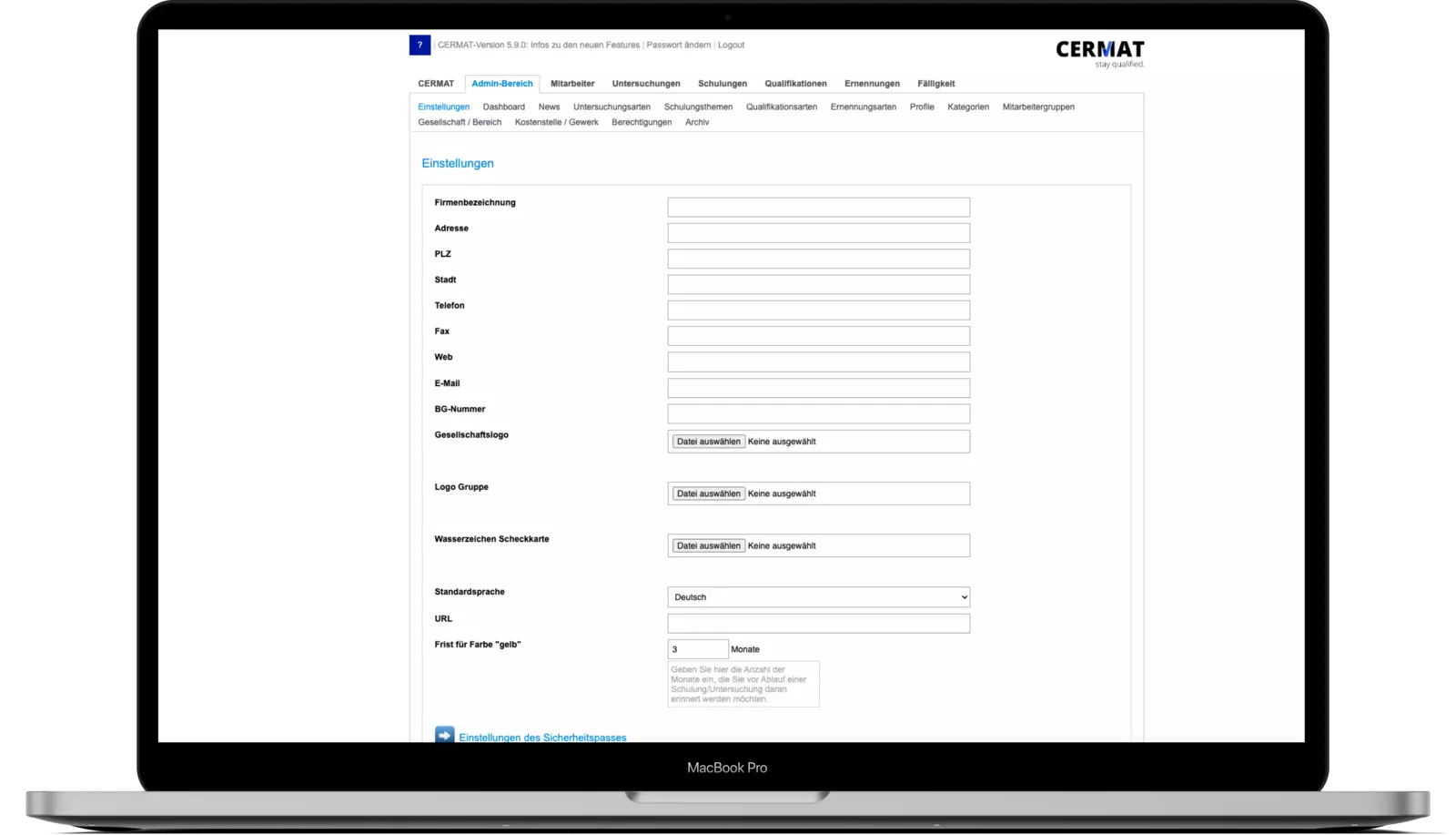 CERMAT Adminbereich - Bildschirm Mockup