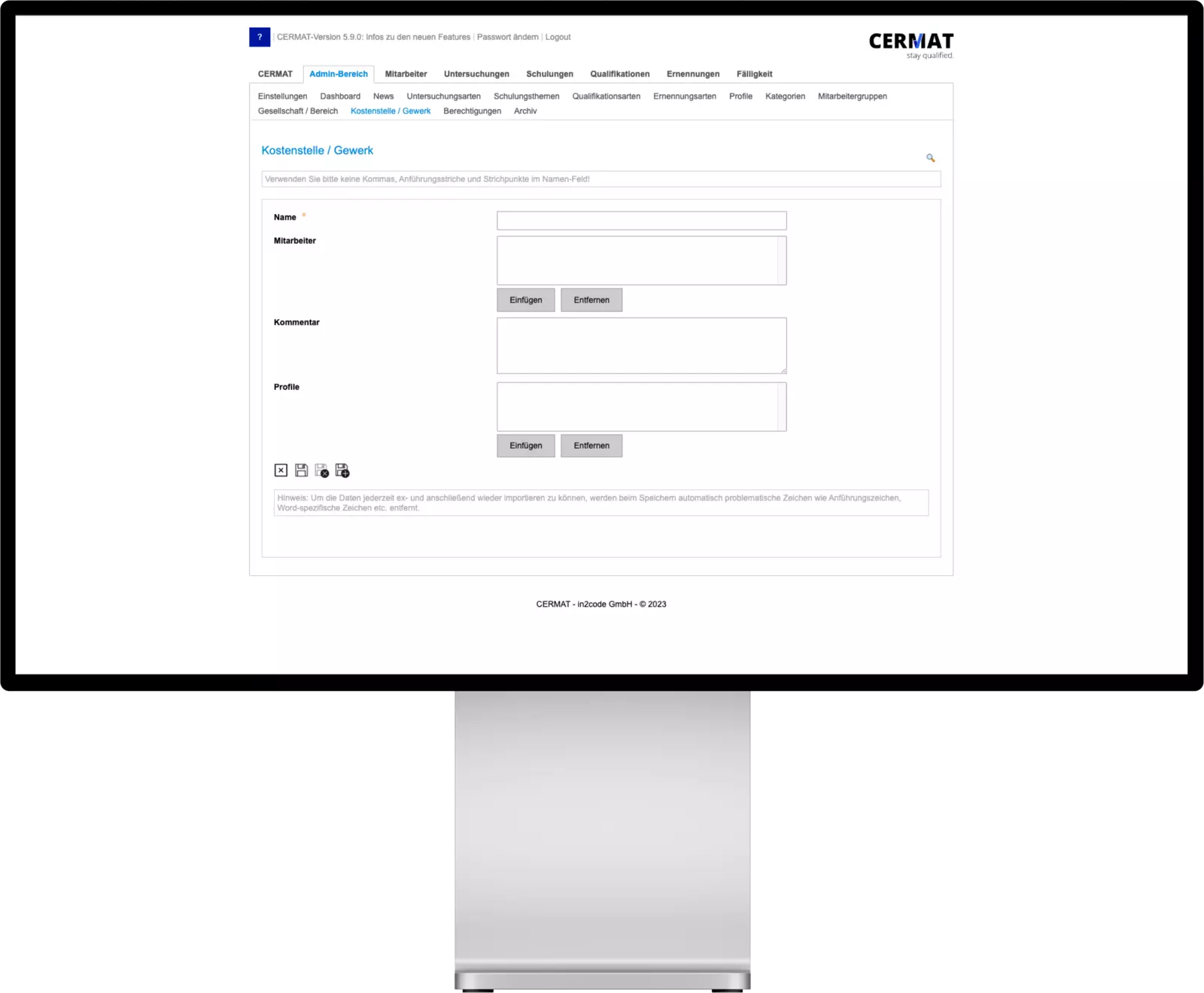 CERMAT Kostenstelle / Gewerke Seite - Bildschirm Mockup