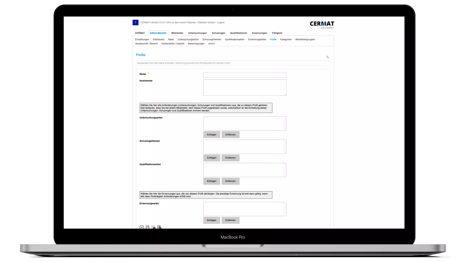 CERMAT Profile - Bildschirm Mockup