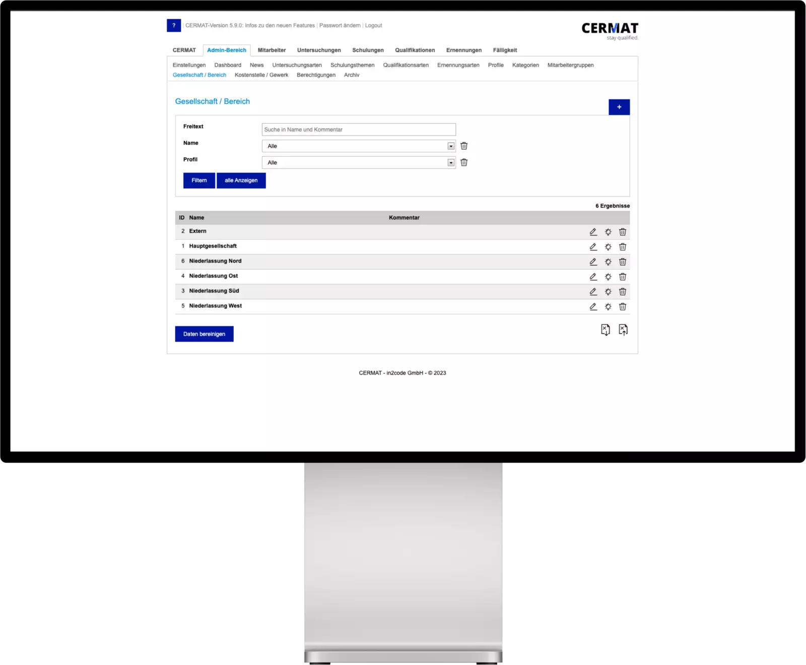 CERMAT Gesellschafts- und Bereichsseite - Bildschirm Mockup